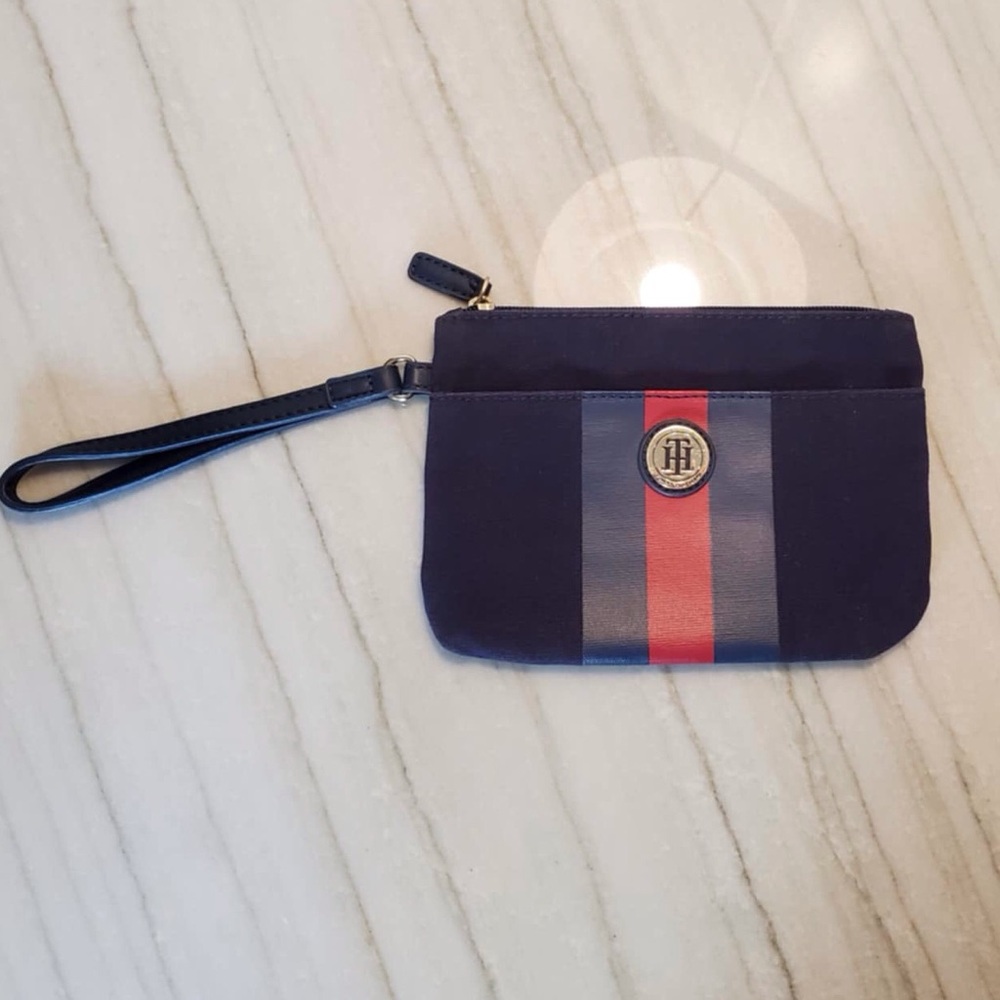 Tommy Hilfiger Canvas Top ZIP Clutch Wristlet Navy Blue